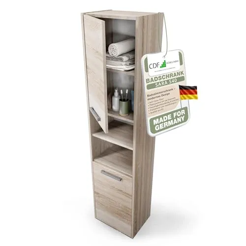 CDF Badezimmerschrank – Badschrank Schmal 40x30x170cm – Badezimmerschrank Schmal mit Tür und Regalen – Bad Hochschrank Modern – Badezimmer Schrank Hoch – Badezimmerschränke Eiche Sonoma