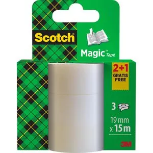 Scotch Klebeband Magic Tape 810, 19mm x 15m, unsichtbar, beschriftbar, Kern-Ø 26mm, 3 Stück