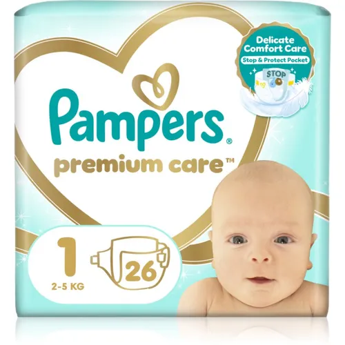 Pampers Premium Care Size 1 Einwegwindeln 2-5 kg, 26 St. - Windeln für Neugeborene, extra atmungsaktiv und dermatologisch getestet für empfindliche Haut, sorgen für ein trockenes und glückliches Baby – ideal für sorgenfreie Momente.