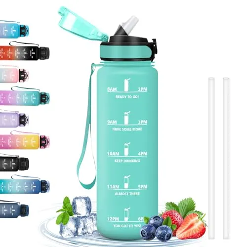 Trinkflasche 1L mit Strohhalm, Sportflasche Leicht zu Reinigen mit Zeitmarkierung, Auslaufsicher für Fahrrad, Yoga, Schule, Camping, Wandern, Laufen