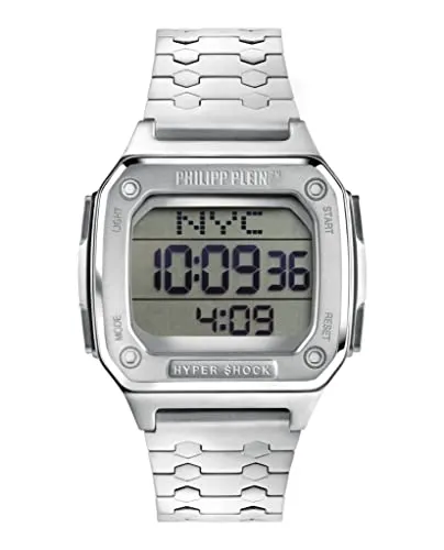 Philipp Plein Unisex Digital Quarz Uhr HYPER SHOCK Silber - Moderne Unisex-Armbanduhr mit digitaler Anzeige, robustem Edelstahlarmband und 12-Stunden-Zifferblatt. Stilvolles Design für jeden Anlass und wasserdicht bis 50 m.