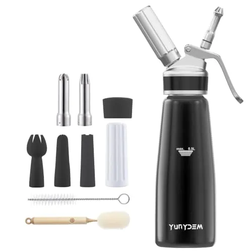 YUNYDSM Sahnespender 500ml Aluminium – mit 6 Düsen & 2 Bürsten | 500ml Sahnespender aus Aluminium–Profi-Siphon mit 3 Edelstahl-&3 Kunststoffdüsen,2 Reinigungsbürsten
