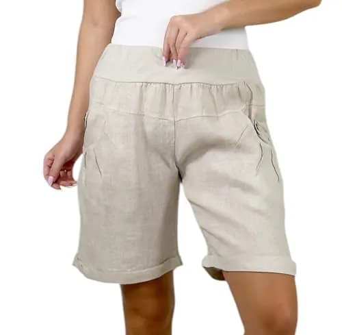 Mississhop 276 Damen Leinenshorts Bermuda – Kurze Sommerhose aus 100% Leinen, luftig, elegant, mit Knöpfen Beige 2XL