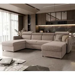 Ecksofa Beni mit Schlaffunktion Couchgarnitur Ecke Bettcouch U-Form Sofa mit Relaxfunktion und Kopfstützen Wohnzimmer Eckcouch Poso 02 Beige - Beige