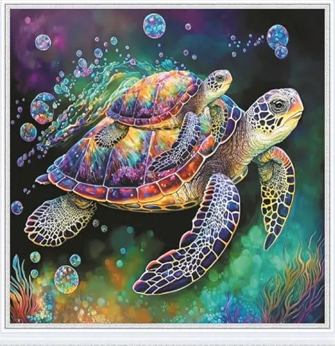 Meecaa Kreuzstich-Set, 11-fädig, geprägt, Schildkröte, Tiere, Meer, Stickset mit Zubehör, vorgedruckt (36 x 36 cm) (Schildkröte)