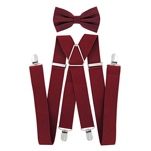 axy Hosenträger mit Fliege set für Herren 4 Stabile Clips X Form 3,5cm Breit (Weinrot)