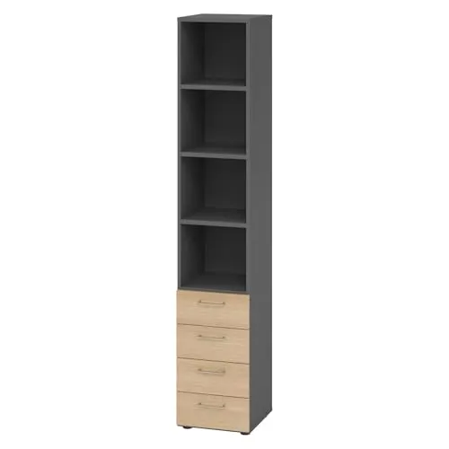bümö Regal in Graphit und Eiche, 3 Fächer, 215.6 cm - Hochwertiger Büroschrank mit 3 Fächern und Höhenjustierung für stabilen Stand. Ideal für die professionelle Aufbewahrung von Büromaterial, schnell und einfach aufzubauen dank Threespine-Klicksystem.