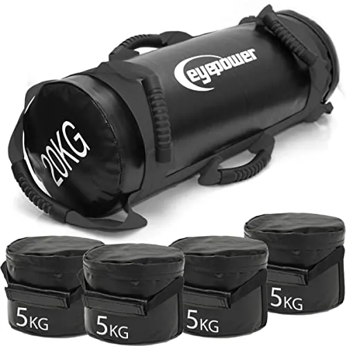 20kg Power Bag mit 4 Kettlebell Gewichten - 20x60 Home Training Sandbag - Hanteln & Gewichte: Eyepower 20 kg Profi Gewichtssack für effektives Kraft- und Ausdauertraining mit 6 Griffen für vielseitige Übungen.