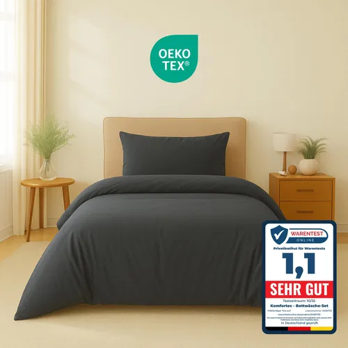 Komfortec Premium Bettwäsche 155x220 cm Bettbezug + 40x80 cm Kissenbezüge, gebürstet 100% Polyester-Mikrofaser 120 g/m², 2 teiliges, Anthrazit