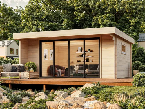 Fjordholz Gartenhaus Modell Kubi 44 IsoSlide - Modernes Gartenhaus Kubi-44 IsoSlide von Fjordholz, ideal als Büro oder Rückzugsort. Mit 44 mm Wandstärke und großzügigen 22,30 m² bietet es Stabilität und Komfort für ganzjährige Nutzung.