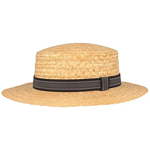 Breiter Kreissäge Strohhut Sommerhut Sonnenhut aus 100% Stroh mit schwarzem Ripsban Gondoliere-Hut Made in Italy 6 cm Krempe - Beige, Blau gestreift, S 54-55