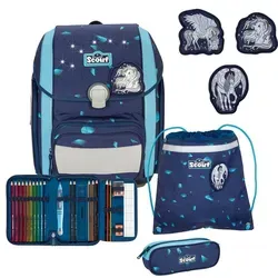 SCOUT LED Genius Set 4-teilig Pegasus - Schulranzen-Set mit hellen LEDs und reflektierenden Streifen für optimale Sicherheit, ergonomisch angepasst für Kinder, ideal für Schule und Freizeit.