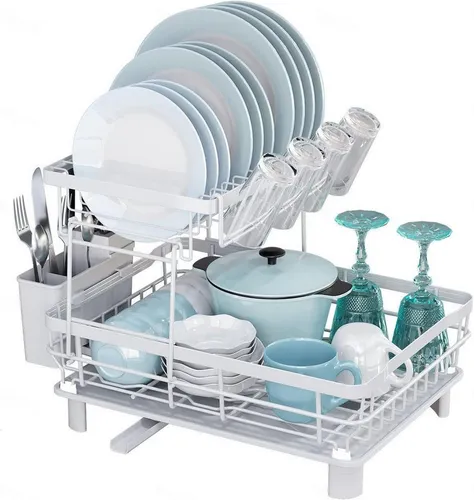 SURFOU Geschirrständer 2-stufig Abtropfgestell Geschirr Geschirrabtropfgestell Abtropfschale, Zubehör für Küche, Hochwertiger Kohlenstoffstahl mit Utensilienhalter, Besteckhalter, Getränkehalter und 360°Drehbarem Auslauf, Schwarz Geschirr Abtropfständer, 45*33*33cm, Küchenutensilien, Abtropfgestell, geeignet für Tassen, Geschirr und Besteck – ideal für die Küchenarbeitsplatte., Rostfrei, korrosionsbeständig, langlebig, platzsparend