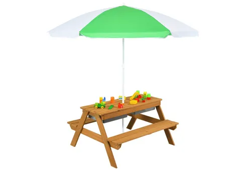 Produktbild COSTWAY Garten-Kindersitzgruppe 4 Sitzer Picknick, Holz, mit Sonnenschirm