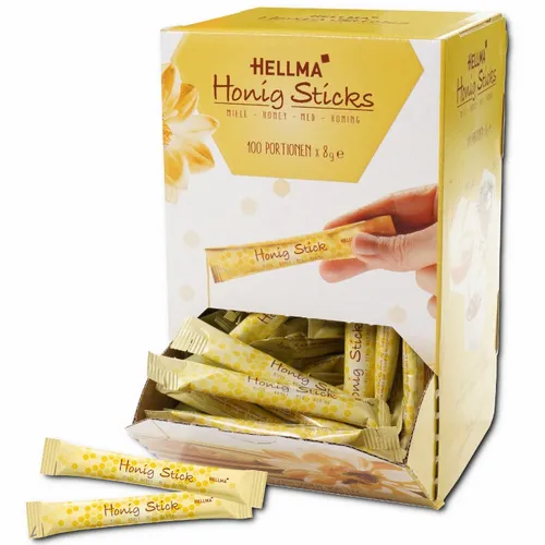 Hellma Honig-Sticks Blütenhonig 8g, 100 Portionssticks - Praktische Blütenhonig-Sticks für die perfekte Süße von Getränken und Speisen. Ideal für den täglichen Einsatz in der Gastronomie und zu Hause. Verpackungseinheit: 100 Sticks à 8g.