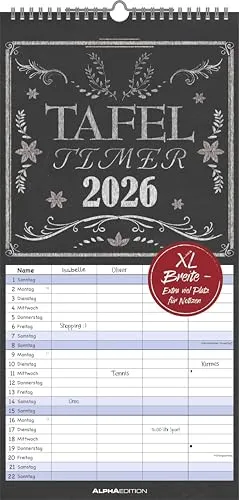Alpha Edition Tafel Timer Familienkalender 2026 - Wandkalender 22×45 cm mit 4 Spalten, Feiertagen und Kreidetafel-Design – der perfekte Terminplaner für Familien mit Zusatzinfos.