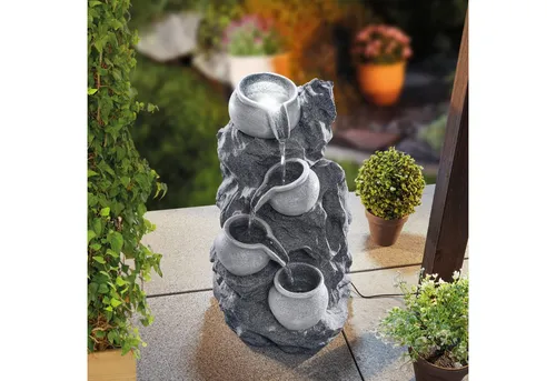 esotec Gartenbrunnen Solar Fels-Kaskadenbrunnen mit LED Licht - Solarbetriebener Fels-Kaskadenbrunnen für den Garten mit LED-Beleuchtung, ideal zur Entspannung und als Wasserquelle für Tiere. Genießen Sie die beruhigenden Wassergeräusche bei Tag und Nacht!