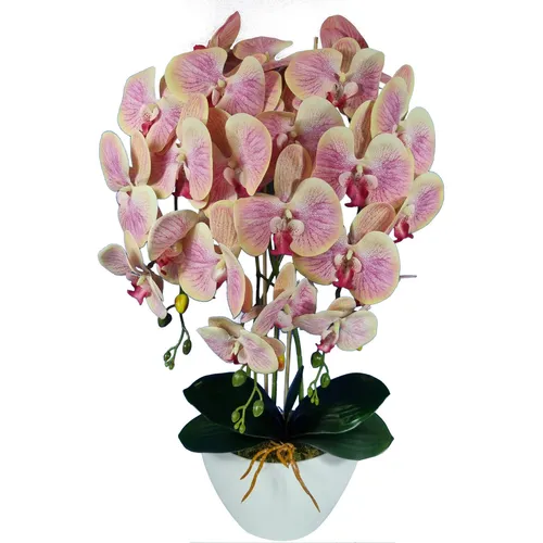 Damich Künstliche Orchidee im Topf Gummi - Elegante Innendekoration - Seiden- & Kunstblumen, 60 cm hoch, perfekt für Büros und Wohnzimmer, täuschend echt mit vielen Blumen in Teefarbe und eleganter Bootsvase.
