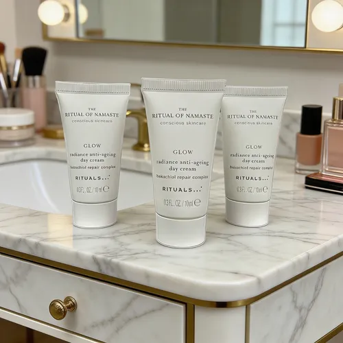 Rituals Ritual of NAMASTE GLOW Gesichtspflege Set - 3-teiliges Set mit Tages- und Nachtpflege für normale Haut. Die Formulierung mit Bakuchiol-Repair-Complex sorgt für eine hydratisierende Pflege und ist tierversuchsfrei.