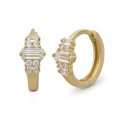 SuzanGold® Ohrringe Damen | Echtgold Kristall Huggies 375 Gelbgold mit Zirkonia im Baguetteschliff | Funkelnder Ohrschmuck