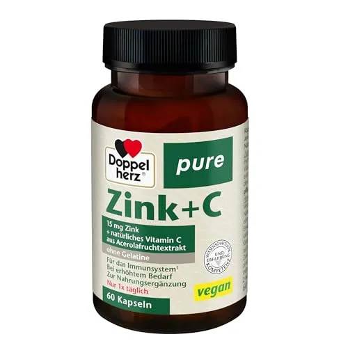 Doppelherz pure Zink + C – Vitamin C und Zink leisten einen Beitrag für die normale Funktion des Immunsystems – 60 vegane Kapseln