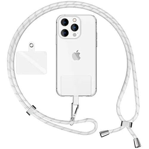 NALIA Bunte Universal-Kette mit Pad, Band für Handy-Hülle zum Umhängen, Karabinerhaken Anhänger Metall, Schlüsselband Umhängeband 160 cm, Crossbody Lanyard mit Schlaufe, Farbe:Weiß Silber