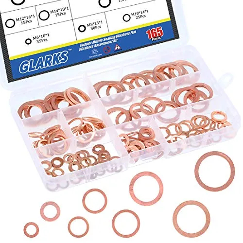 Glarks 165-teiliges metrisches Flachring-Sortiment aus Kupfer – 8 Größen von M6 M8 M10 M12 M14 M16 M18 M20
