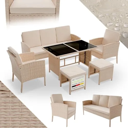 Juskys Gartenlounge-Set Turin, 6-teilig für 7 Personen - Stylische Polyrattan Sitzgruppe für 7 Personen, ideal für Balkon oder Terrasse. Mit bequemen, waschbaren Auflagen und großem Tisch aus Glas – perfekt für entspannte Momente im Freien.