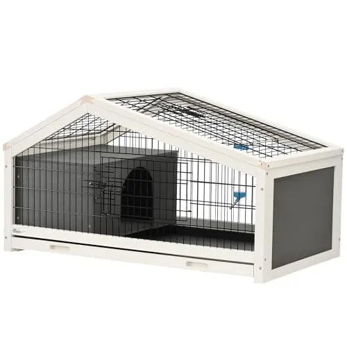 PawHut Kaninchenstall – Käfig Kleintiere für den Innenbereich, Hundehütte, Tür und Dach zum Aufklappen, abschließbar, Tränke – Stahl, schwarz, Tanne, grau/weiß