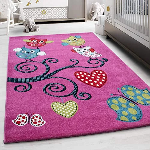 Teppium Kinderteppich für Jungen und Mädchen Eulen Muster 80 x 150 cm Violett - Kurzflor Waschbarer Teppich Extra Weich und Antiallergen - Teppich für Kinderzimmer, Babyzimmer und Spielzimmer