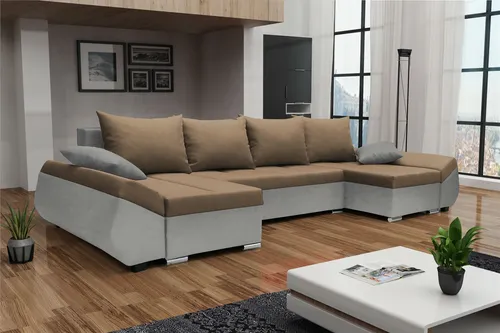 Wohnlandschaft U-Form KLEO mit Schlaffunktion - Sofa-Wohnlandschaft in Hellgrau-Cappuccino, ideal für mehr als 4 Personen, mit praktischer Schlaffunktion und Bettkasten für zusätzlichen Stauraum.