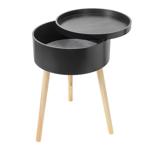 Bonetti Beistelltisch rund mit Stauraum und Tablett aus Holz | ca. Ø 38 x 59 cm | Skandinavisches Design | 3-Bein Tisch (schwarz)