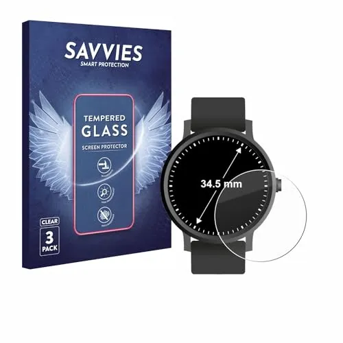 Savvies Panzer Schutz Glas für Armbanduhren (Kreisrund, ø: 34.5 mm) (3 Stück) 9H Hartglas, Anti-Fingerprint, Displayschutz