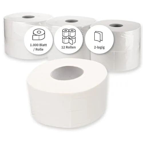 HygoClean Toilettenpapier Jumbo, 2-lagig, Klopapier 12 Rollen à 1000 Abrisse, hochweißes WC-Papier aus Zellulose, reißfeste und geprägte Oberfläche, Großpackung für stark frequentierte Sanitärräume