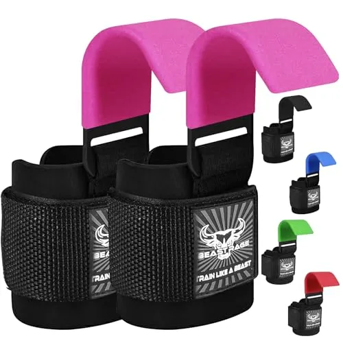BEAST RAGE Gewichtheberhaken, Handgelenkriemen, dickes Neopren, gepolstert, gummiert, Fitnessbandagen, rutschfest, Kreuzheben, Training, Fitnessstudio, Workout, Herren und Damen (Rosa)