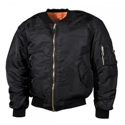 MFH US Pilotenjacke MA1 Modular (Schwarz, 4XL) - Funktionsjacke mit klassischem Wende-Design, ideal für Outdooraktivitäten. Robuster Frontreißverschluss und praktische Taschen bieten Funktionalität und Stil.