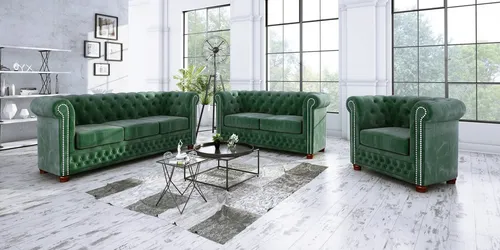 S-Style Chesterfield Leeds Polstergarnitur 3+2+1 - Couchgarnituren aus luxuriösem Samtstoff mit eleganten Metallnieten und Wellenfederung für optimalen Sitzkomfort – ideal für stilvolle Wohnräume.