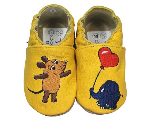 Krabbelschuhe Maus mit Elefant Herz gelb 18/19 - Babyschuhe aus weichem Rindsleder, ideal für die ersten Krabbel- und Gehversuche, rutschfest und flexibel für sicheren Halt.