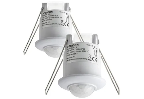SEBSON Mini Bewegungsmelder 2er Set - Unterputz Decken Montage - Bewegungsmelder für Innen mit 360° Erfassungswinkel und bis zu 6m Reichweite. Ideal für die Deckenmontage, energieeffizient mit einstellbarer Helligkeit und automatischer Abschaltung.