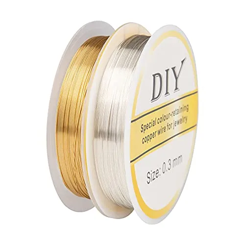 TAIYOU 2 Rollen Schmuckdrähte 15m/Rolle Schmuckdraht 0,3 mm Kupferdraht Basteldraht Schmuck Faden Reissfest für Basteln Armbänder Schmuckverarbeitung - 14K Golden Silber