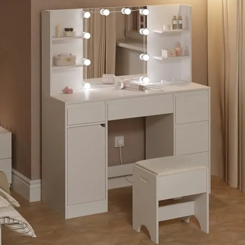 WOLTU Beleuchteter Schminktisch mit Hocker und Steckdosenleiste - Eleganter Schminktisch mit 10 LED-Lampen, 5 Schubladen und 4 offenen Fächern für optimalen Stauraum. Inklusive integrierter Steckdose für praktische Nutzung. Ideal für eine stilvolle Beauty-Routine im Schlafzimmer.