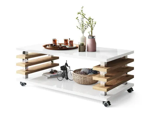 DC-3 Couchtisch Weiß Hochglanz/Eiche Gold 120x60cm von Design Impex