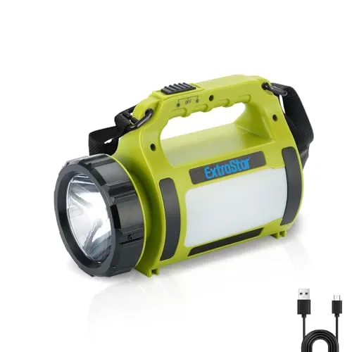 EXTRASTAR Wiederaufladbare LED Campinglampe 3-in-1 mit Powerbank & USB-C | 2 Helligkeitsstufen, Integriertes Warnblinklicht, Robustes ABS-Material, Abnehmbarer Schultergurt, Kaltweiße Beleuchtung