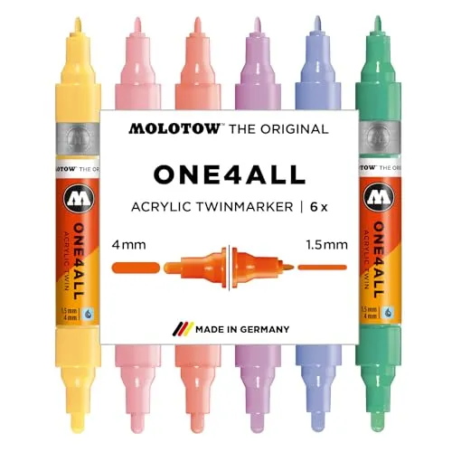 Molotow ONE4ALL Marker - Acrylic Twin Pastel Classic Set für kreative Projekte - Schreibutensilien für Deko und DIY, vielseitig einsetzbar mit hochpigmentierten Farben und mattem Finish für beeindruckende Ergebnisse.