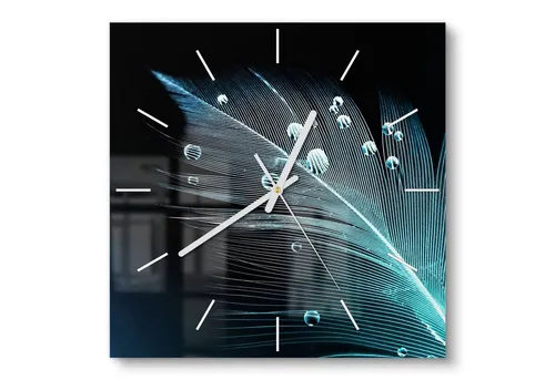 DEQORI Glasuhr 30x30 cm 'Feder mit Wasserperlen' – Moderne Wanduhr - Verleih deinem Raum Stil mit der DEQORI Glasuhr! Diese 30x30 cm große Wanduhr aus hochwertigem Sicherheitsglas besticht durch ihr einzigartiges Design und sorgt mit ihrem schwebenden Effekt für einen Blickfang in jedem Raum.