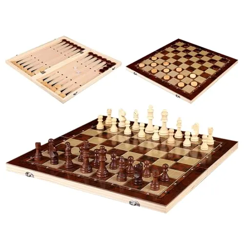 Schachspiel Holz klappbar, Tragbares und Faltbares Chess Board Set, 3 in 1 Schachspiel Hochwertig, Chess Board Set klappbar für Party Familie Aktivitäten,reiseschach, Anfänger,schachspiel