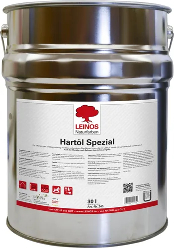 LEINOS 245 Hartöl Spezial für Innen 30 l - Hochwertiges Holzöl für stark strapazierte Flächen und Möbelbau. Bietet eine kratzfeste, wasserabweisende Endbeschichtung mit hervorragender Polierfähigkeit. Ideal für Innenanwendungen.