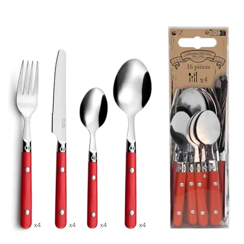 Amefa Besteck SAXO 16-teilig für 4 Personen - Robustes Edelstahl-Besteckset mit fröhlichem roten Kunststoffgriff, perfekt für den täglichen Gebrauch und besondere Anlässe.