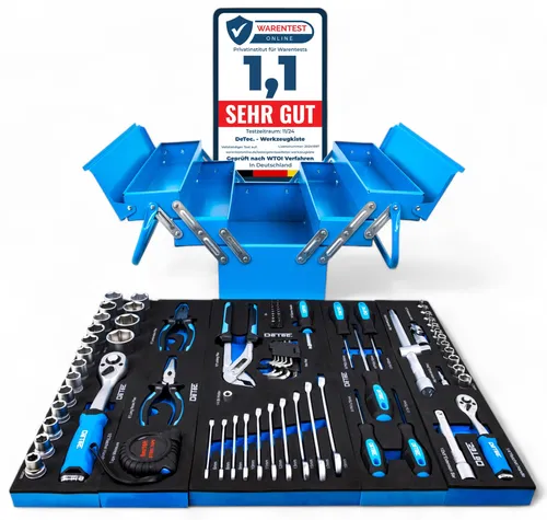 DeTec Werkzeugkiste blue Edition - 86tlg. Sortiment - Robuste Metall-Werkzeugkiste mit 86 hochwertigen Werkzeugen, ideal für Heimwerker und Profis. Praktisch und sicher, lässt sich mit Vorhängeschloss abschließen.