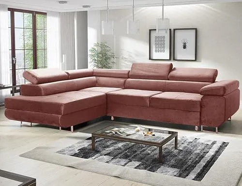 MODERNO Ecksofa mit Schlaffunktion und Bettkasten Avesta - Sofa +3 Sitzen mit Robusten Metallfüße - Schlafcouch L-Form - Modern Couch 277x203x73 cm - Ecke Links Velours Rosa